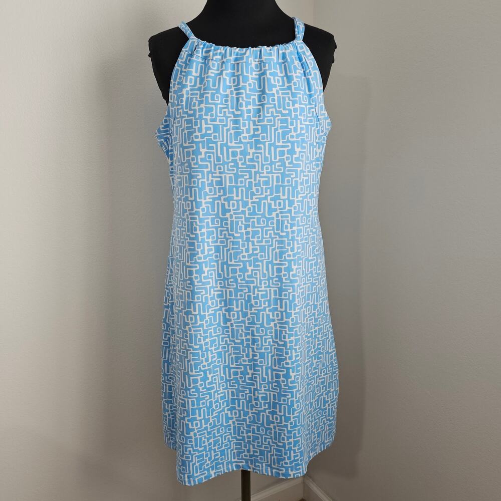 EUC J. McLaughlin Women's Blue/White Catalina Cloth Built-in Bra Halter Dress M